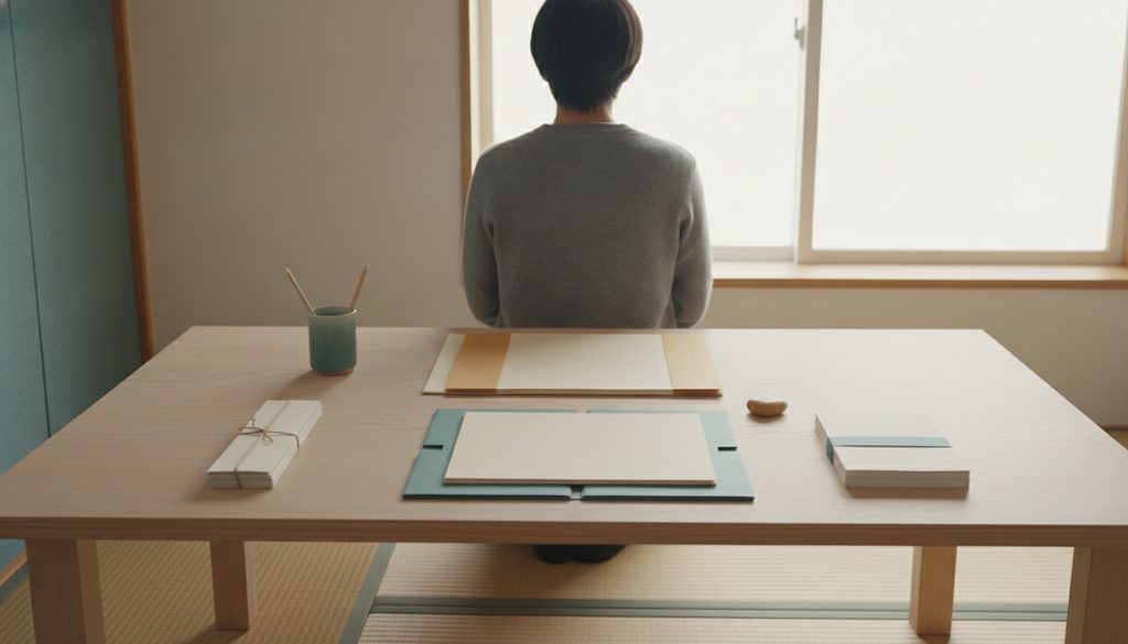 静かな書斎で机に向かう人の背中と、並んだ3つの書類。