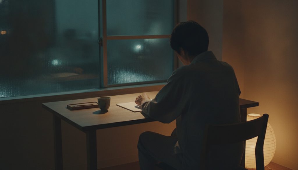 机に向かい、何かを熟考している人の背中