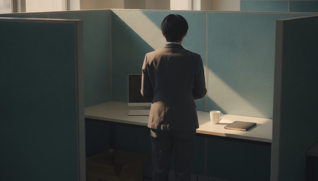 オフィスで私物を片付けたデスクを見つめる人の後ろ姿