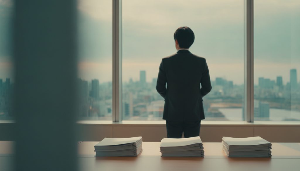 窓辺に立つ会社員の後ろ姿と、机上の3つの書類の束