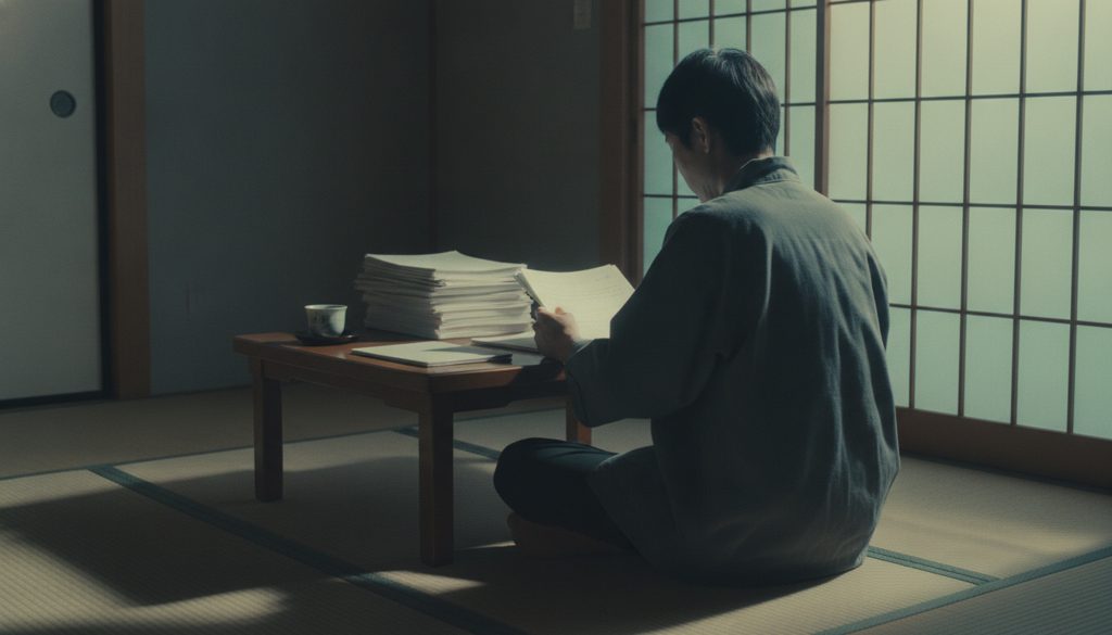 デスクに座り、書類を真剣に見つめる人物の後ろ姿。