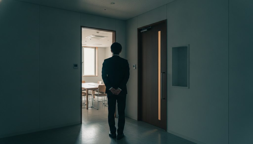 オフィス廊下で2つの扉を見る人