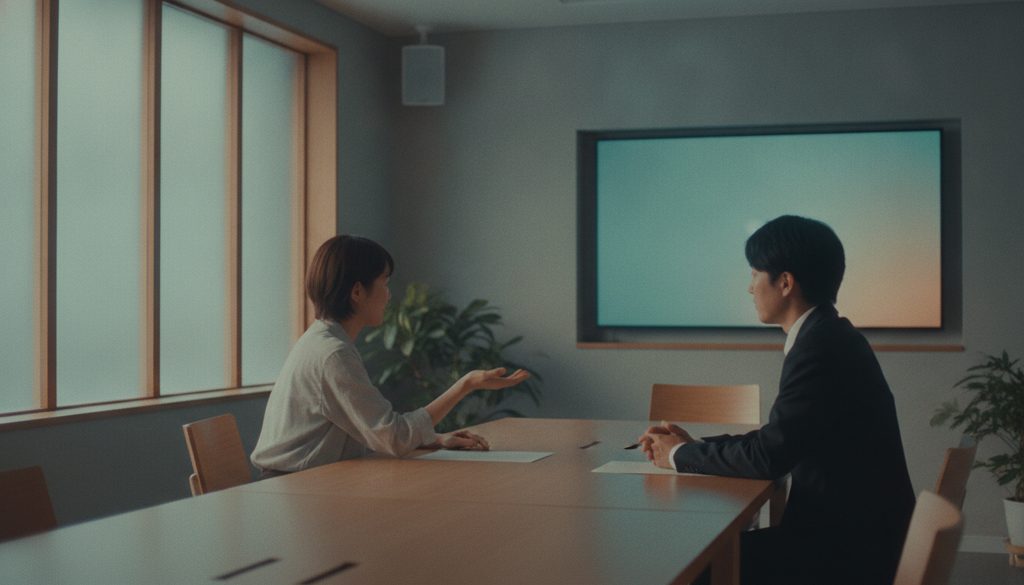 オフィスで静かに話し合う二人の姿