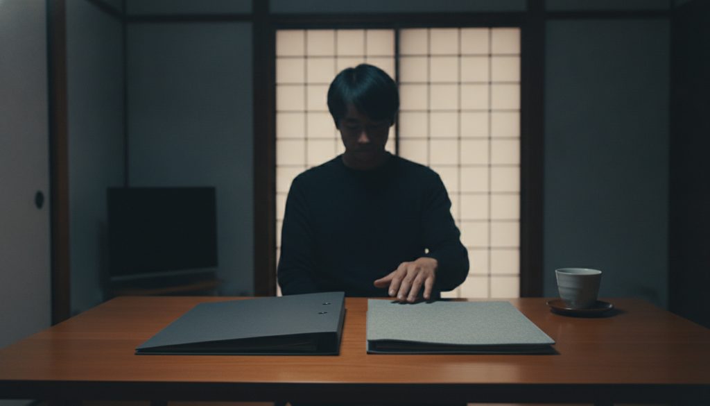 自宅の机で二つの書類を前に考え込む人の手元