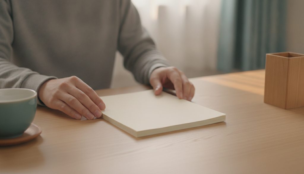 机の上で書類を整理する人の手