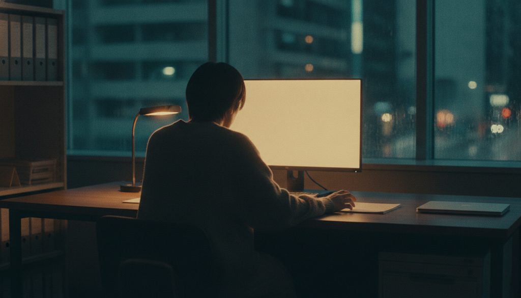 夜のオフィスでデスクに座り考え込む人の背中。