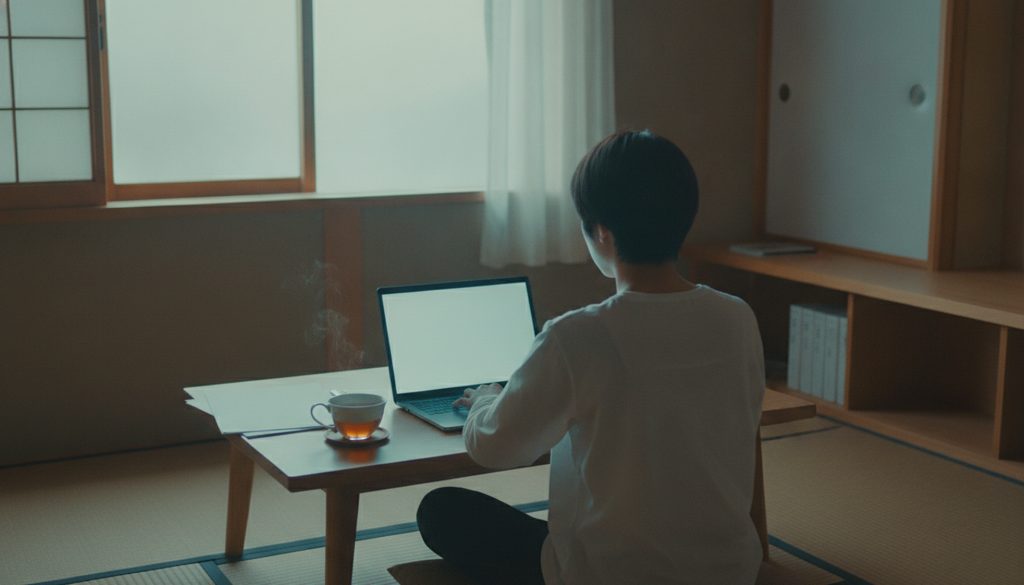 デスクでパソコン画面を見る人の背中と書類