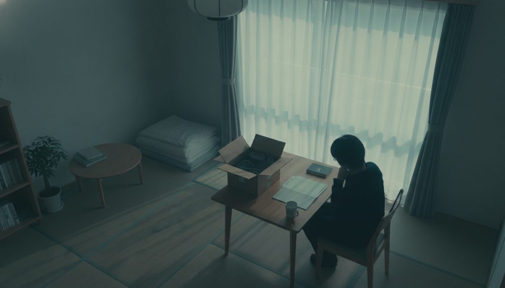 デスクに座り、書類と段ボール箱を前に考える人の後ろ姿