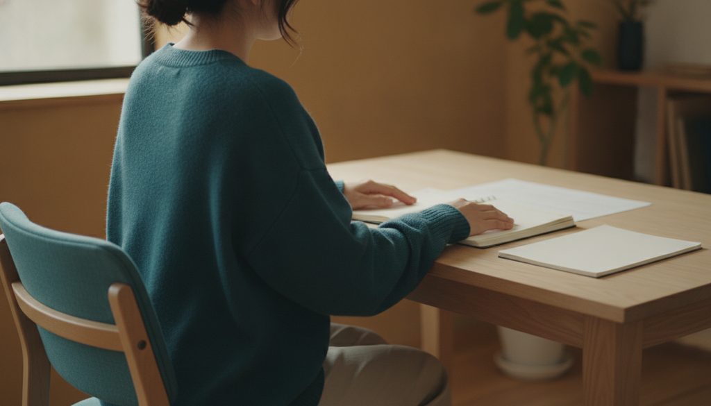 自宅の机で資料や手帳を見る人の後ろ姿