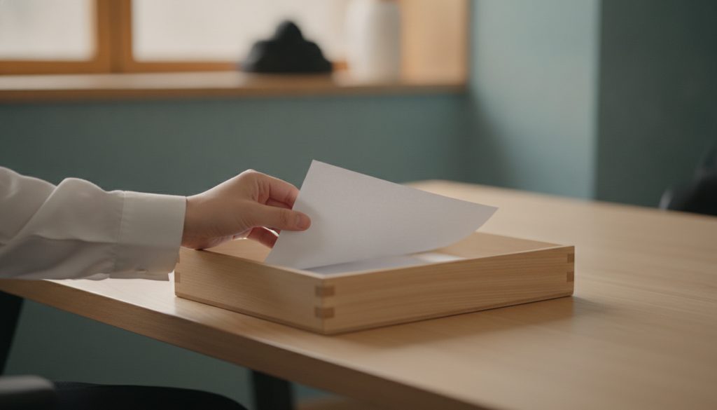 静かなオフィスで書類を置く手元