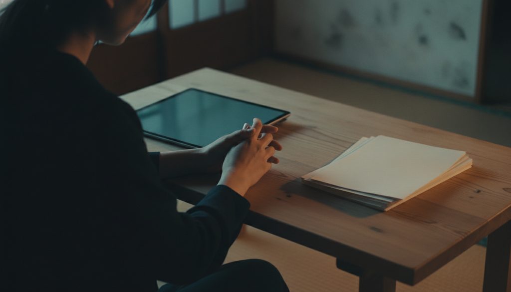 自宅の机で資料を確認する人の手元