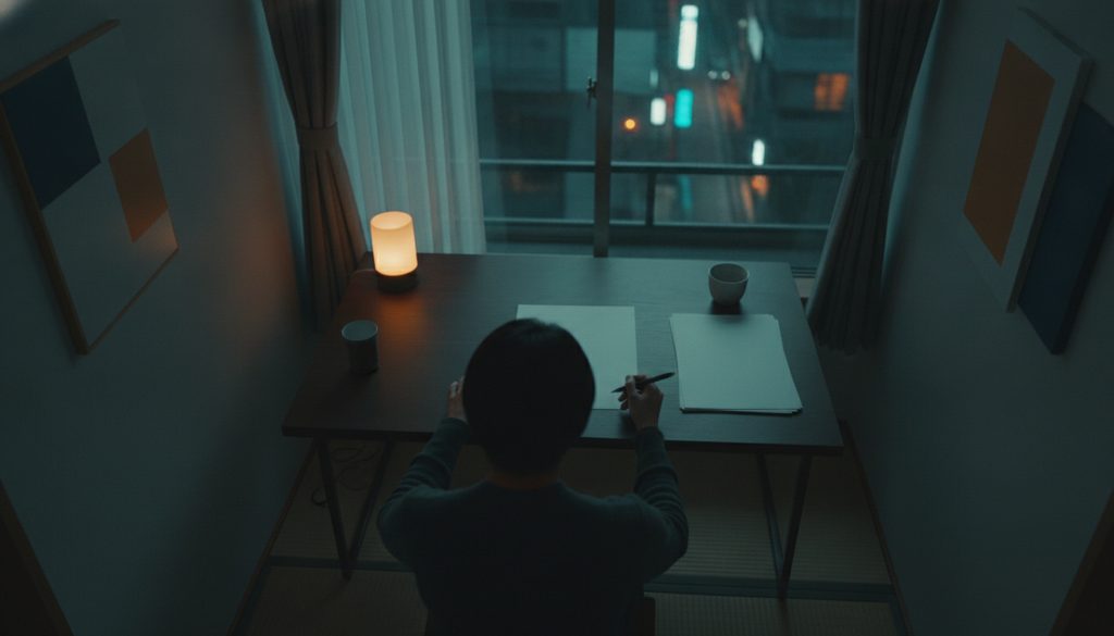 机の上でペンを持ち書類を確認する手元