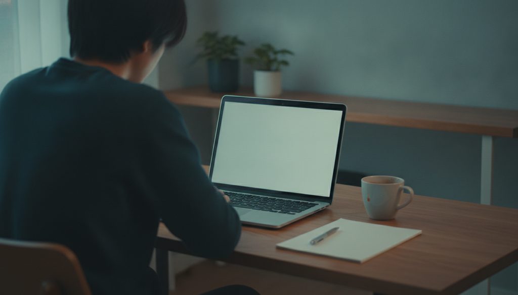 自宅の机に向かう人の後ろ姿とコーヒーカップ