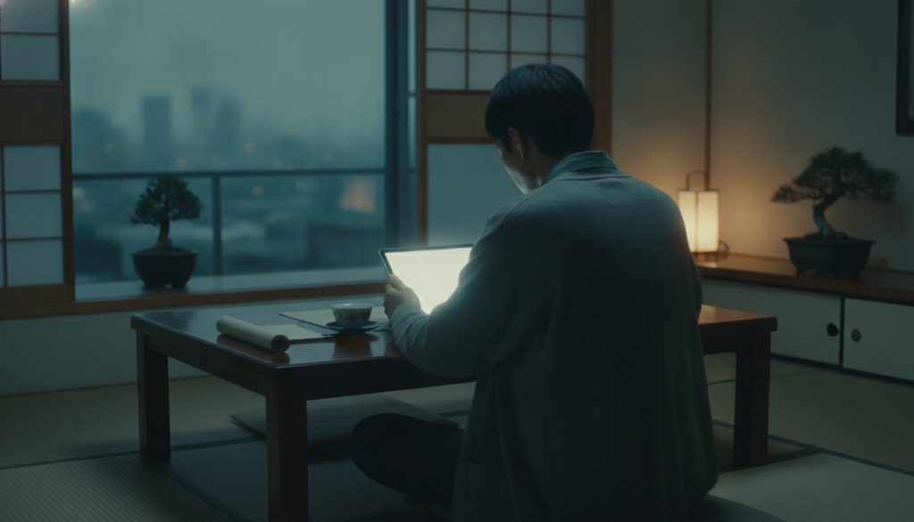 自宅でタブレットを操作し、考え込んでいる人の背中
