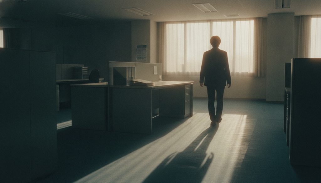 オフィスで、窓に向かって歩く人の後ろ姿