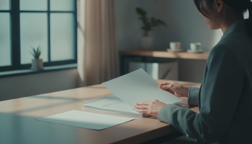 机の上で書類を整理する人の手元